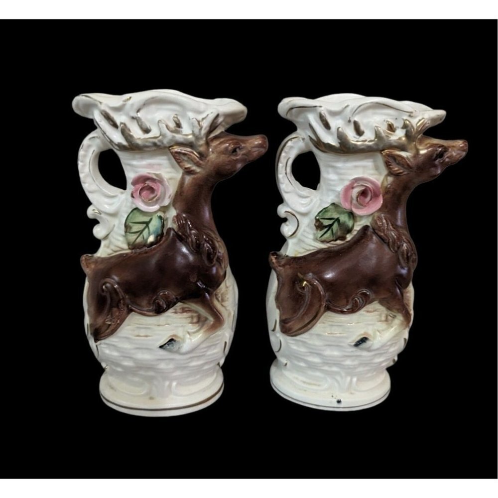 Vintage Tilsa  vase deer reindeer floral home decor accent‎  7 inch set of 2